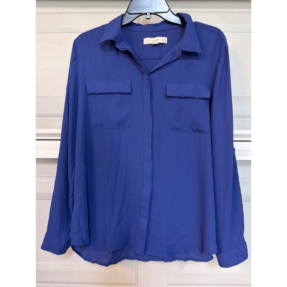 Loft Petites Royal Blue Utility Blouse Button Front Roll Tab Sleeve Size LP